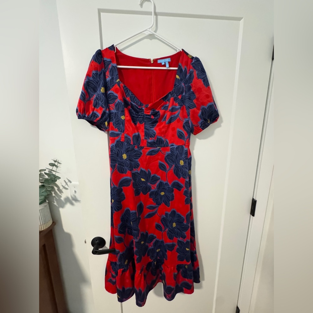 Draper James Red and Blue Puff Sleeve Midi Sundress